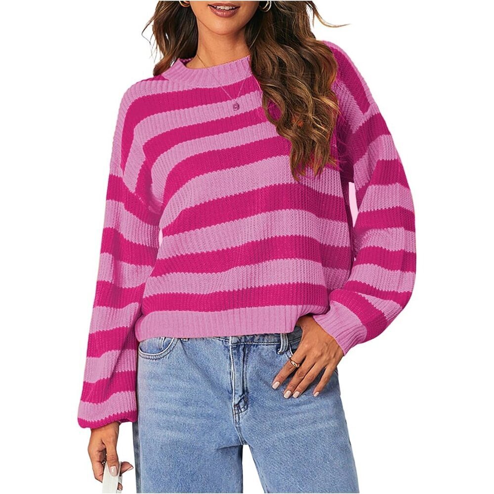 Women's Knit Top Color Block Striped Long Sleeve Drop Shoulder Sweater